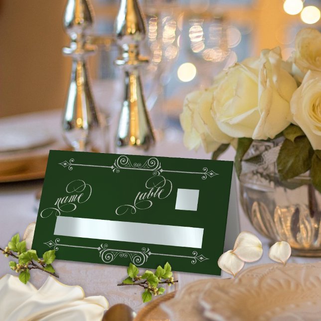 Silver Scroll Border & Calligraphy - Smaragd Placeringskort (Skapare uppladdad)