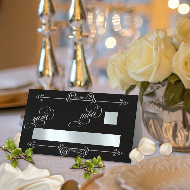 Silver Scroll Border & Kalligrafi - Svart Placeringskort (Skapare uppladdad)