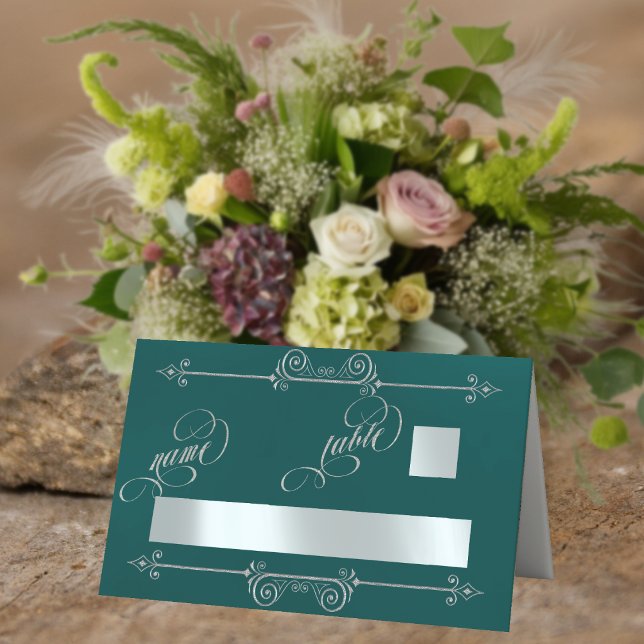 Silver Scroll Border & Kalligrafi - Turkos Placeringskort (Skapare uppladdad)