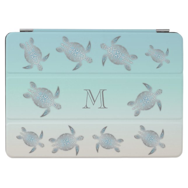 Silver Sea Turtles Maritime Turcos Monogram iPad Air Skydd (Horisontell)