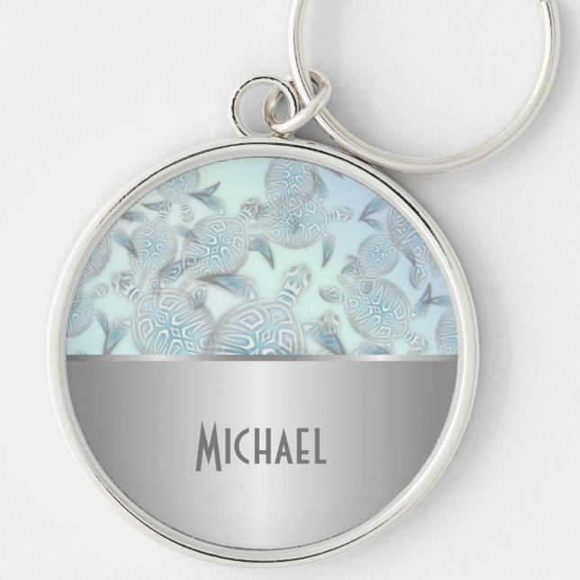 Silver Sea Turtles Mönster Monogram Rund Silverfärgad Nyckelring (Framsidan)