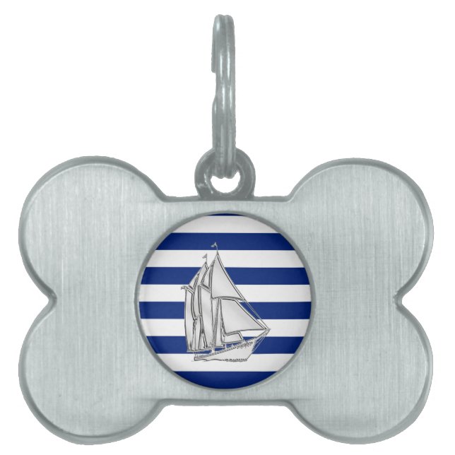 Silver segelbåt på Nautisk blå Rand Namnbricka Husdjur (Framsidan)