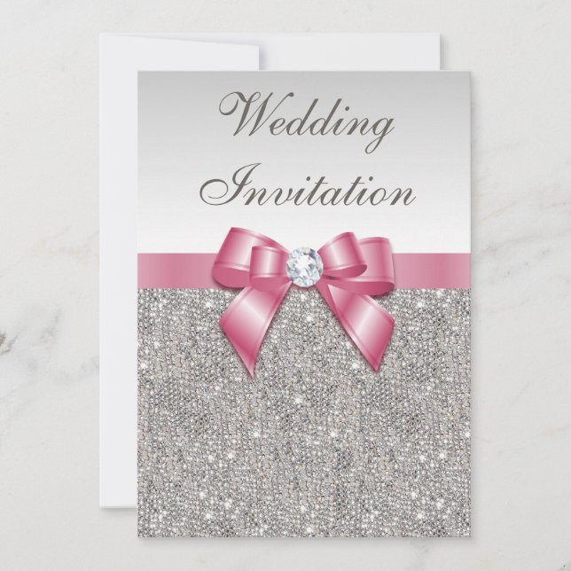 Silver Sekviner och Bow Rosa Bröllop Inbjudningar (Framsida)
