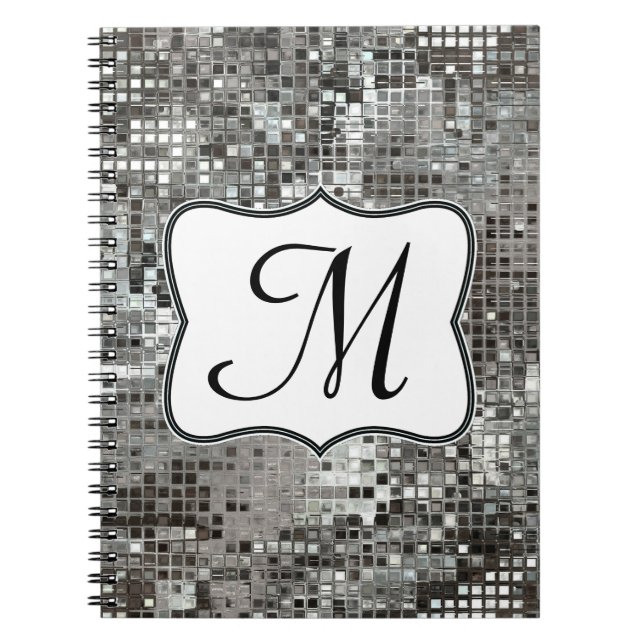 Silver Sequin Dazzle Monogram Inledande anmärkning Anteckningsbok Med Spiral (Framsidan)