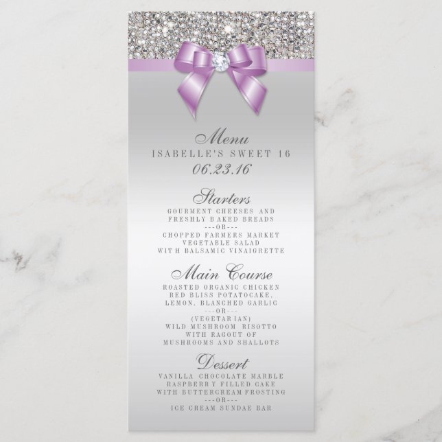 Silver Sequin Lilac Bow Sweet 16 Menu Meny (Framsida)