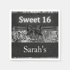 Silver Sequin och Black Bow Sweet 16 Napkins Pappersservett
