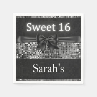 Silver Sequin och Black Bow Sweet 16 Napkins Pappersservett