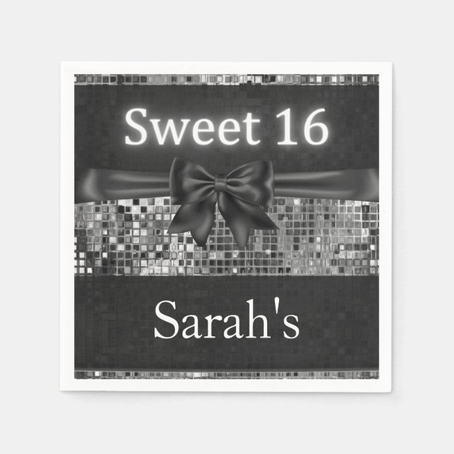 Silver Sequin och Black Bow Sweet 16 Napkins Pappersservett (Framsidan)