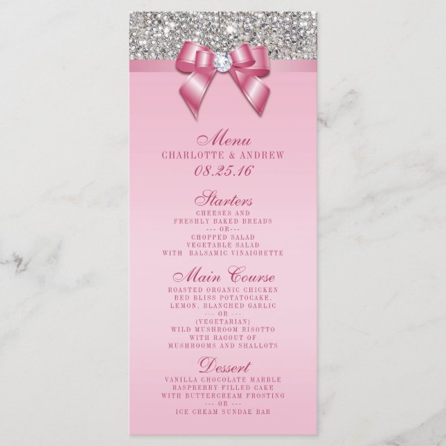 Silver Sequin Rosa Bow Bröllop Collection Menu Meny (Framsida)