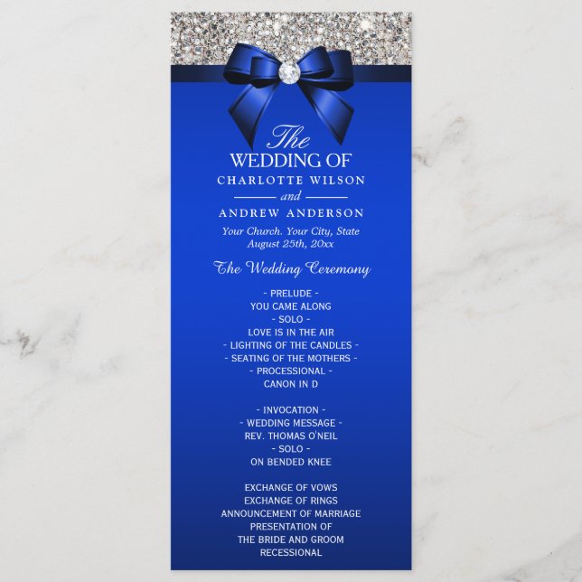 Silver Sequin Royal Blue Bow Bröllopsprogram Program (Framsida)