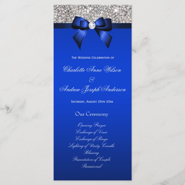 Silver Sequin Royal Blue Bow Bröllopsprogram Program (Framsida)