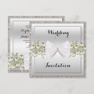 Silver Sequins & Blommigt Gems Glitter Bow Bröllop Inbjudningar