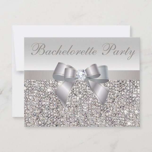 Silver Sequins, Bow & Diamond Bachelorette, tryckt Inbjudningar (Framsida)