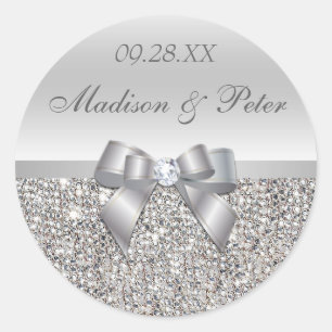 Silver Sequins Bow Wedding Favor Stickers Runt Klistermärke