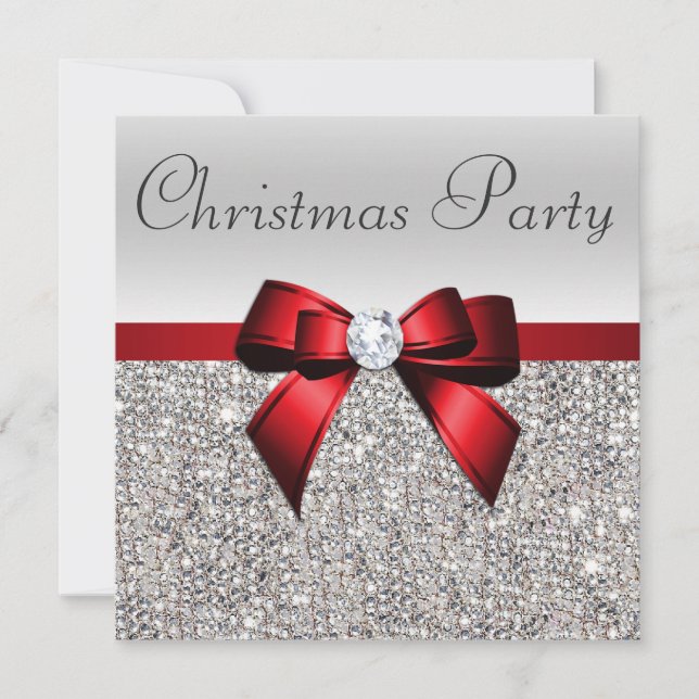 Silver Sequins jul Party Red Diamond Bow Inbjudningar (Framsida)