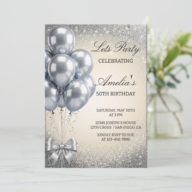 Silver Sequins Let's Birthday Party Invitation Inbjudningar (Stående Fram)