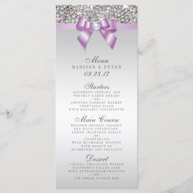 Silver Sequins Lilac Bow Bröllop Menu Meny (Framsida)