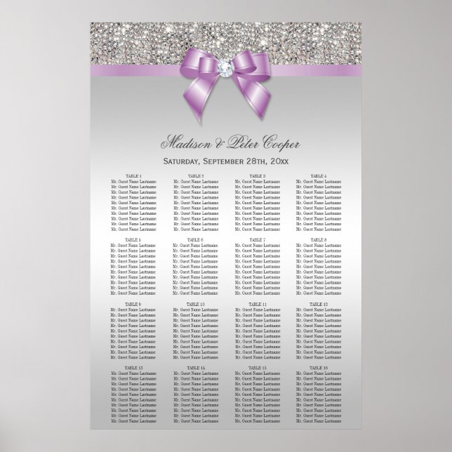 Silver Sequins Lilac Bow Bröllop Sittdiagram Poster (Framsidan)