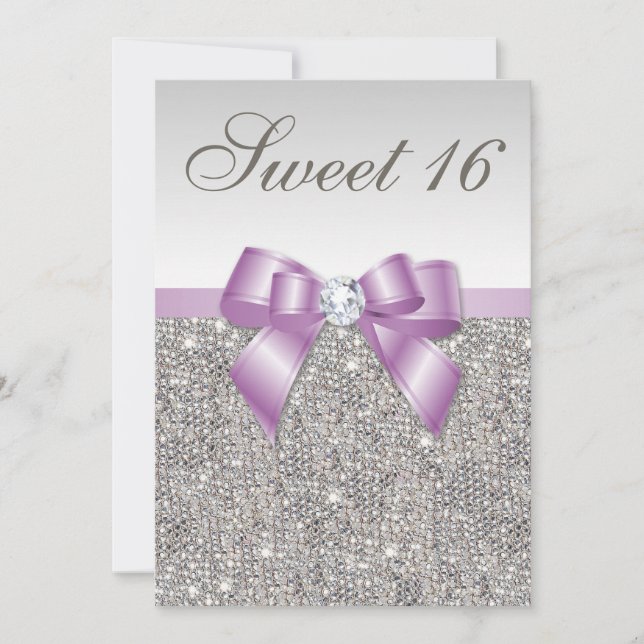 Silver Sequins Lilac Faux Bow Sweet 16 Inbjudningar (Framsida)