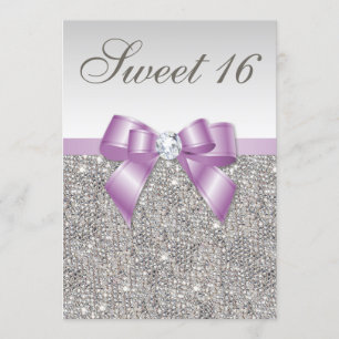 Silver Sequins Lilac Faux Bow Sweet 16 Inbjudningar
