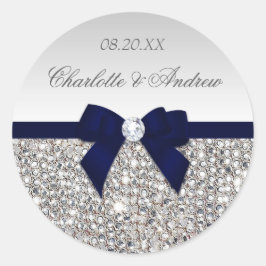 Silver Sequins Navy Bow and Diamond Bröllop Runt Klistermärke