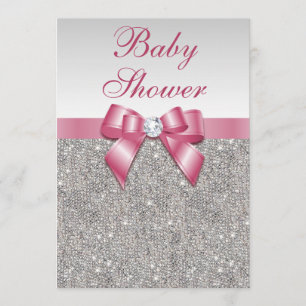 Silver Sequins och Bow Girls Rosa Babykläder Inbjudningar