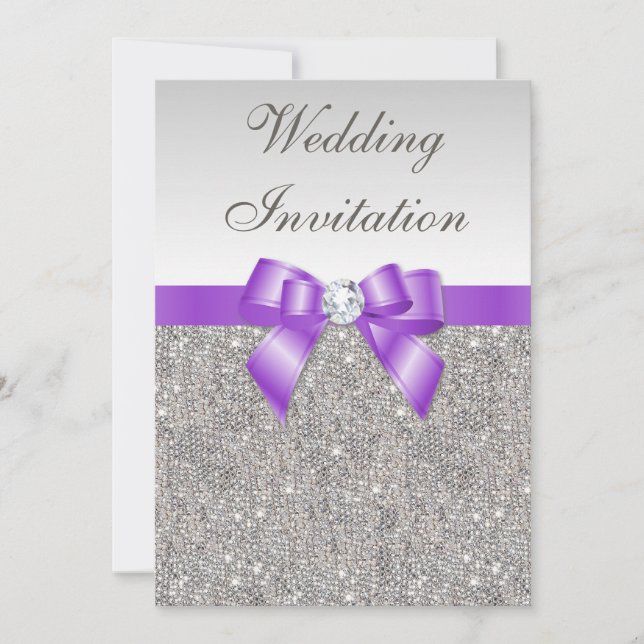Silver Sequins och Lavender Bow Bröllop Inbjudningar (Framsida)