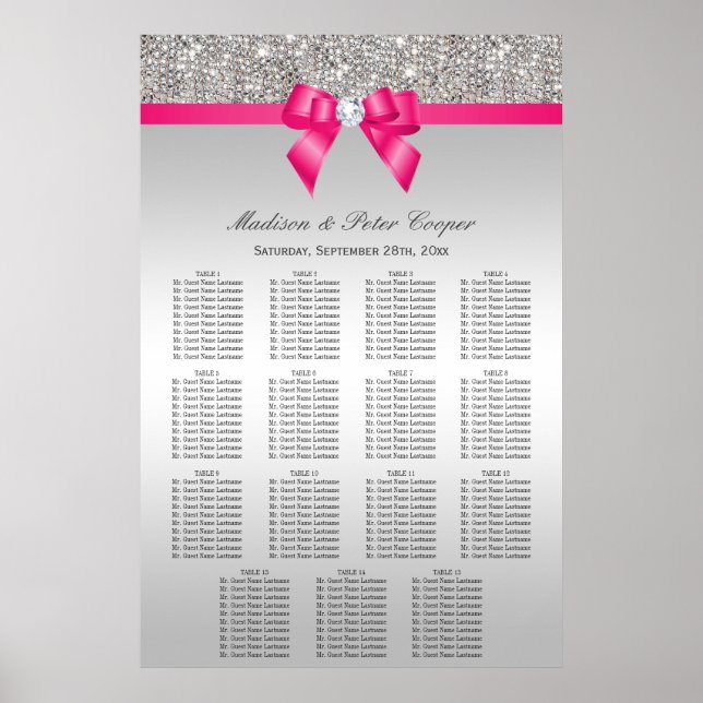 Silver Sequins Rosa Bow Bröllop Sittdiagram Poster (Framsidan)