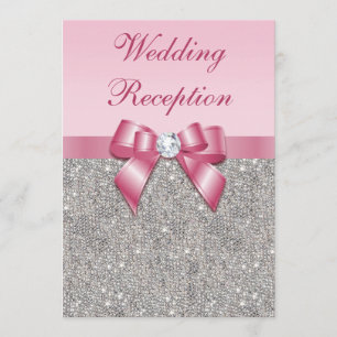 Silver Sequins Rosa Bow Wedding Reception Inbjudningar