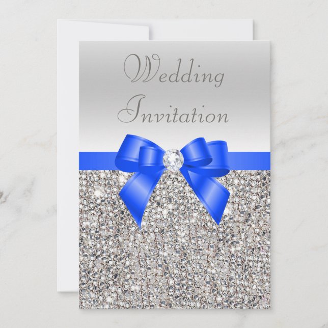 Silver Sequins Royal Blue Bow and Diamond Bröllop Inbjudningar (Framsida)