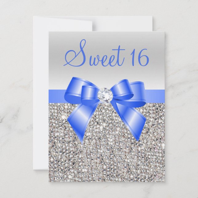 Silver Sequins Royal Blue Bow Sweet 16 Inbjudningar (Framsida)