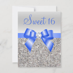 Silver Sequins Royal Blue Bow Sweet 16 Inbjudningar