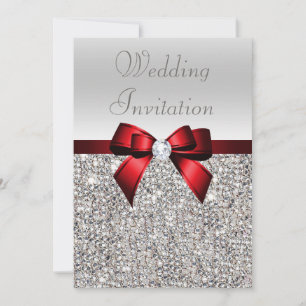 Silver Sequins Royal Red Bow and Diamond Bröllop Inbjudningar