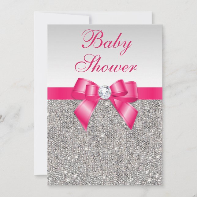 Silver Sequins Shock rosa Bow Girls Babyskon Inbjudningar (Framsida)