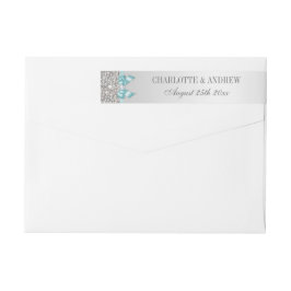 Silver Sequins Teal Blue Bow and Diamond Etikettband