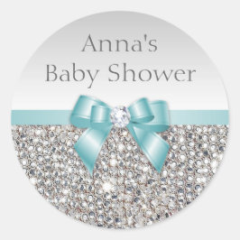 Silver Sequins Teal Bow Diamond Baby Shower Runt Klistermärke