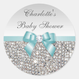 Silver Sequins Teal Bow Diamond Baby Shower Runt Klistermärke