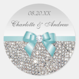 Silver Sequins Teal Bow och Diamond Bröllop Runt Klistermärke