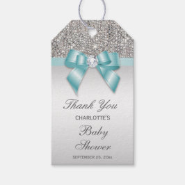 Silver Sequins Teal Diamond Bow Baby Shower Presentetikett