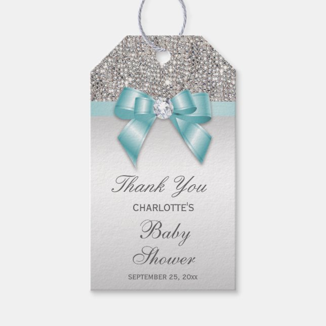 Silver Sequins Teal Diamond Bow Baby Shower Presentetikett (Framsidan)