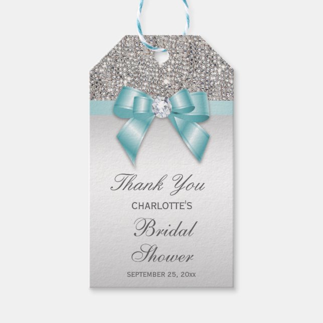 Silver Sequins Teal Diamond Bow Möhippa Presentetikett (Framsidan)