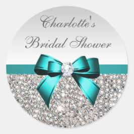 Silver Sequins Teal Diamond Bow Möhippa Runt Klistermärke