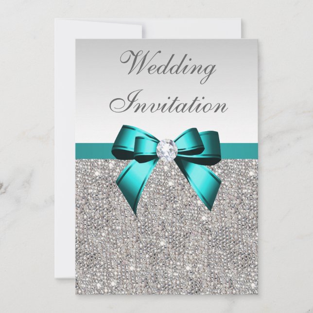 Silver Sequins Vibrant Teal Diamond Bow Bröllop Inbjudningar (Framsida)