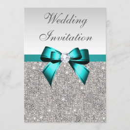 Silver Sequins Vibrant Teal Diamond Bow Bröllop Inbjudningar