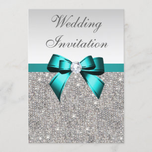 Silver Sequins Vibrant Teal Diamond Bow Bröllop Inbjudningar