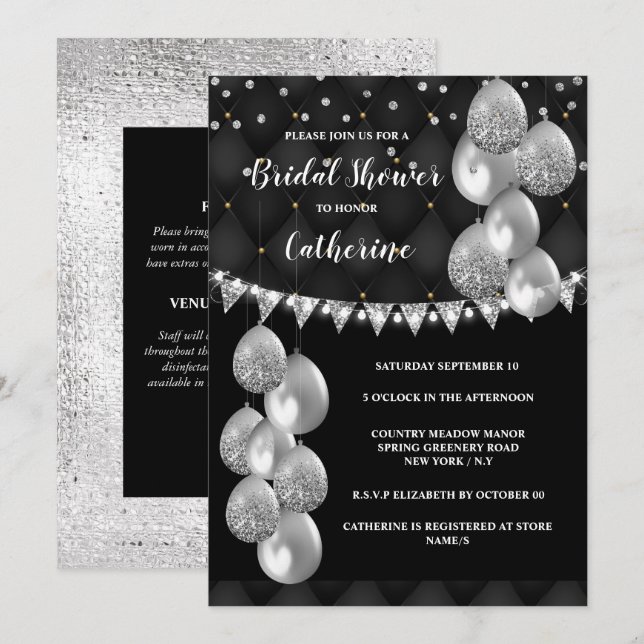 Silver shimmer-ballong på ljus chic med svart strä inbjudningar (Fram/baksida)