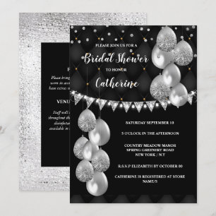 Silver shimmer-ballong på ljus chic med svart strä inbjudningar