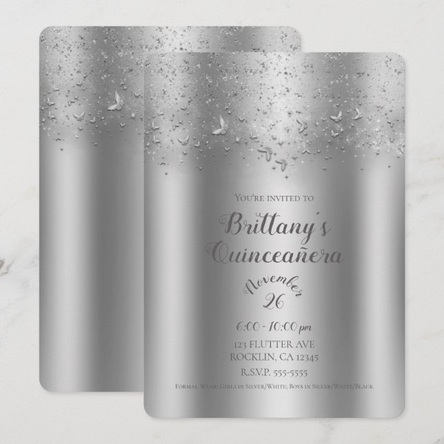 Silver Shimmer Flutter Butterfly Quinceañera Party Inbjudningar (Fram/baksida)