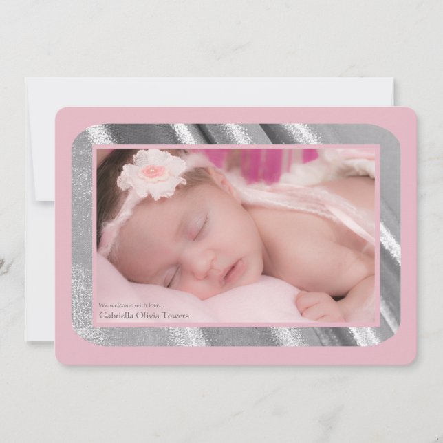 Silver Shimmer Photo Rosa Birth Notice Meddelande (Framsida)