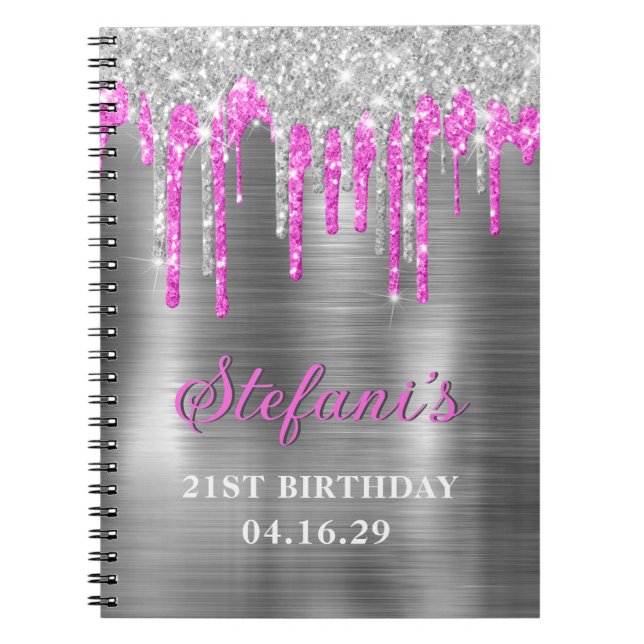 Silver Shock rosa Glitter Drives Metallic Birthday Anteckningsbok (Framsidan)